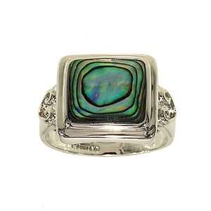 Square Cut Genuine Abalone Silvertone Fashion Ring with Abstract Heart 