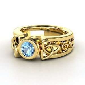    Celtic Sun Ring, Round Blue Topaz 14K Yellow Gold Ring Jewelry