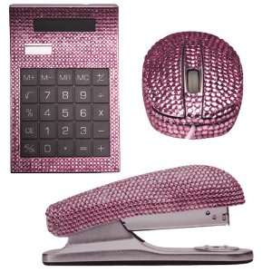  Calculator, Stapler and Computer Mouse SET Pink Crystal 
