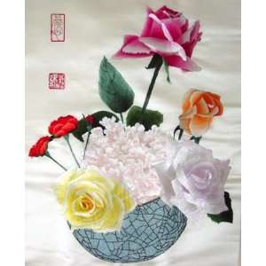  Chinese Silk Embroidery Wall Hanging Bunch Flower Vase 