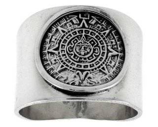 Sterling Silver Oxidized Aztec Calendar Dome Band, 11/16 (17mm) wide 