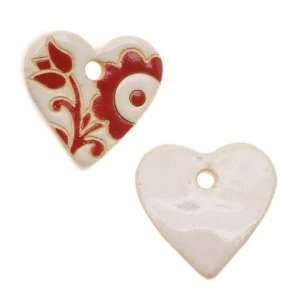  Golem Design Studio Glazed Ceramic Heart Pendant Red Flowers 24mm x 