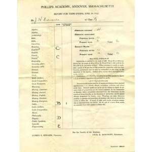  Phillips Academy Andover MA Grade Term Report 1922 