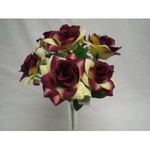  3 CREAM BURGUNDY Open Rose M.P Silk Flower Bushes Bouquets 