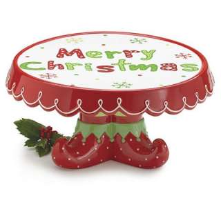 Elf Feet Merry Christmas Hand Painted Cake Plate Pedestal Stand Gift 