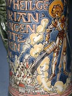 Rare 1899 Mettlach St. Florian Extinguishing Fire Dragon Handle Stein 