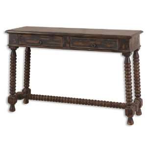  Rustic Walnut Stained Console Table with Turned Legs