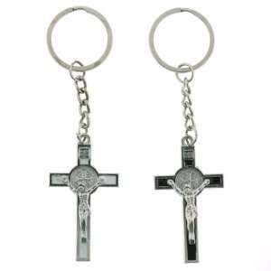  Set of 2 Enameled St. Benedict Cross Keychains   Black and 