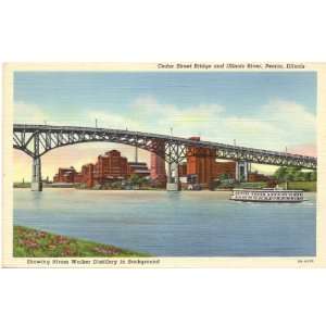  1940s Vintage Postcard   Cedar Street Bridge and Illinois River 