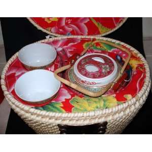 Japanese Tea Set in Woven Bamboo Basket