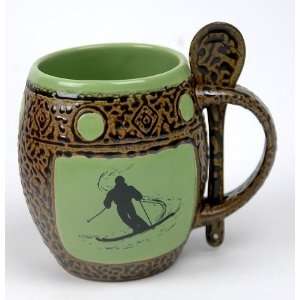  Ceramic Pottery Mug with Green Skier and Spoon Kitchen 