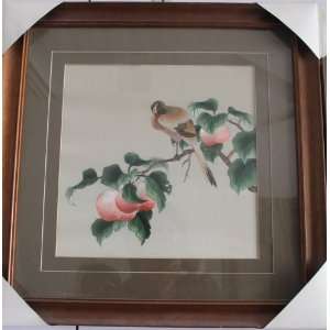  Handmade Silk Embroidery Paint Art   Peaches and Bird (16 