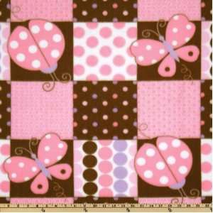  60 Wide Fleece Lady Bugs & Butterflies Pink/Brown Fabric 