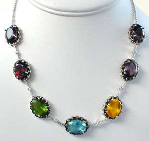 MULTI COLOR SIMULATED GEMSTONE & CZ STERLING NECKLACE  