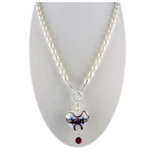  White Murano Glass Heart Freshwater Pearl Lariat Necklace 