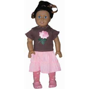  Pink Skirt, Brown Tee with Embroidered Pink Rose and 
