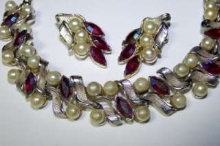 Vintage Set Claudette Bracelet & Clip On Earrings Red Rhinestones 