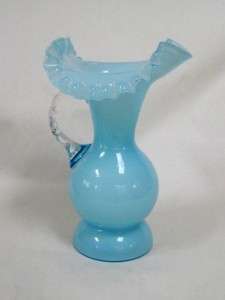 Crimped Edge 8 Blue Glass Pitcher Clear Applied Handle  