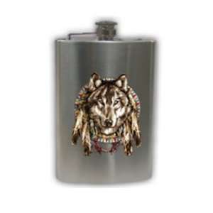 Simran SW 22 Swigs Native Wolf Design 8 oz. Stainless Steel Flask With 