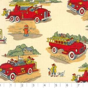  45 Wide Fern County Firemen Trucks Natural Fabric By The 