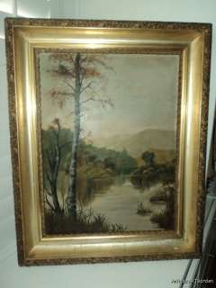 ANTIQUE Hudson River PAINTING Victorian 19C Lemon GOLD Frame Original 