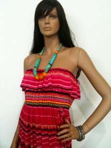 Funky boho ruffle multi colors stripe print maxi strapless dress S M L 