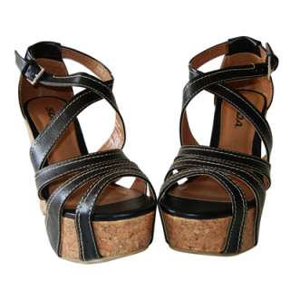  Style X Straps Cork Platform Wedge Heel Sandal Black All Sz  