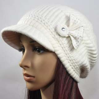   Warm White Rabbit Fur Cute Ski Beanie Newsboy Hat Caps NEW  