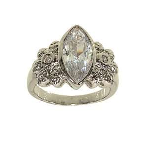 Large Bezel Set Marquis Single Stone Ring with Flower Detail Sides in 