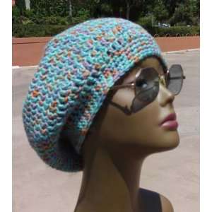   Crocheted Slouchy Beanie Hat Cap Crochet Green Multi 