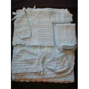 Light Blue 6 Pc Knit Crochet Baby Set Blanket Pants Sweater Hat 