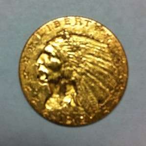 1912  $2 1/2 Dollars, Indian Head, Quarter Eagle, Gold Coin.  