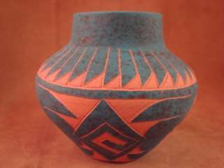 Acoma Indian Pottery, Turquoise Hand Etched Pot by J S Lewis Stunning 