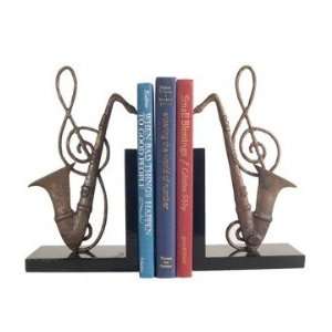  Set of Wood Bookends with Bronze Sax