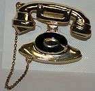 Black Enamel Gold Tone Rotary Phone Telephone Pin Brooch Costume 