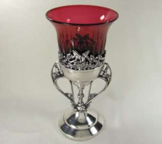 Victorian Silver Plate RABBIT Epergne Cranberry/Ruby Cut Glass Vase 