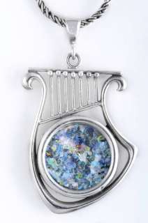 Sterling Silver Harp Pendant With Roman Glass  