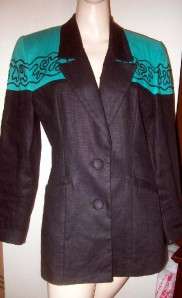 HAIRSTON ROBERSON Lined Blk/Turquoise Linen Blazer Sz6  