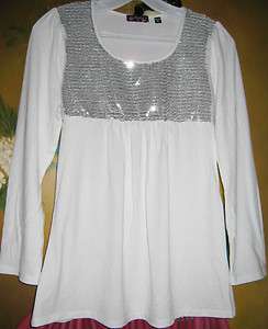 Girls White & Silver Sequin Baby Doll Tie Back Tunic Top Choose from S 