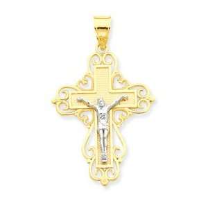  14K Two tone Large Block Cross w/Crucifix Pendant Jewelry