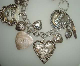 Vintage Sterling Silver Puffy Heart Charm Toggle Bracelet Cupid Key 