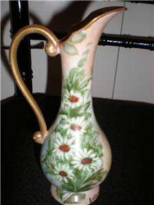 Antique Limoge Signed Hand Painted Pitcher Ewer Gold Handle Daisies 
