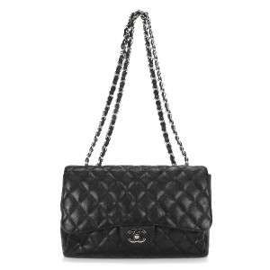 AUTHENTIC CHANEL® CC LOGO QUILTED CAVIAR LEATHER JUMBO CLASSIC FLAP 
