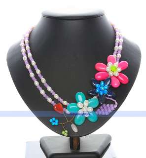 Designer 21 Moonstone Agate Jade Pearl Flower Necklace 