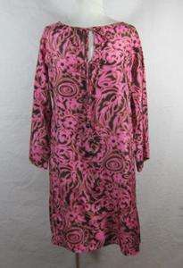 MILLY PINK BROWN SILK FLORAL PRINT 3/4 SLEEVE TUNIC STYLE DRESS L 