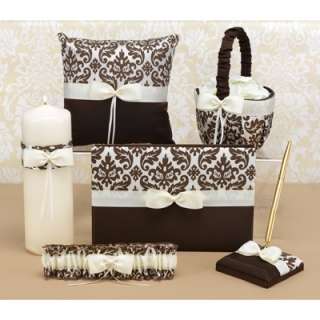 Mocha brown and white, damask patterned collection on shiny satin with 