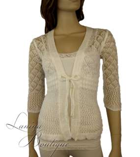 Ladies White Crochet Long Sleeve Knit Cardigan 6 8 10  