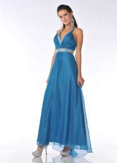   EVENING SIMPLE WEDDING MILITARY BALL GOWN HALTER TOP TEAL BLUE  