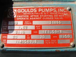USED GOULDS CENTRIFUGAL PUMP, 20 GPM, STAINLESS STEEL  