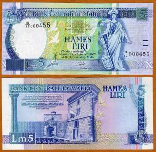 Malta 5 Liri L 1967 (1994) 1st signature P 46a (46) Low S/Ns, UNC 